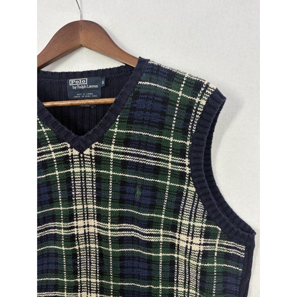 VTG Polo Ralph Lauren Knit Sweater Vest Plaid‎ Pony Academia Green Navy Prep XL - Picture 3 of 9